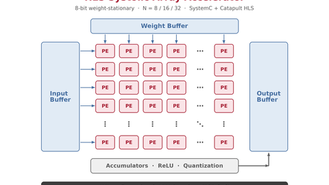 Schematic of the HLS weight-stationary systolic array accelerator with weight, input and output buffers and an AXI interface